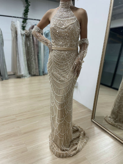 Exclusive High Neck Glove Sleeve Beading Evening Dress MB40059