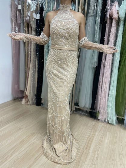 Exclusive High Neck Glove Sleeve Beading Evening Dress MB40059