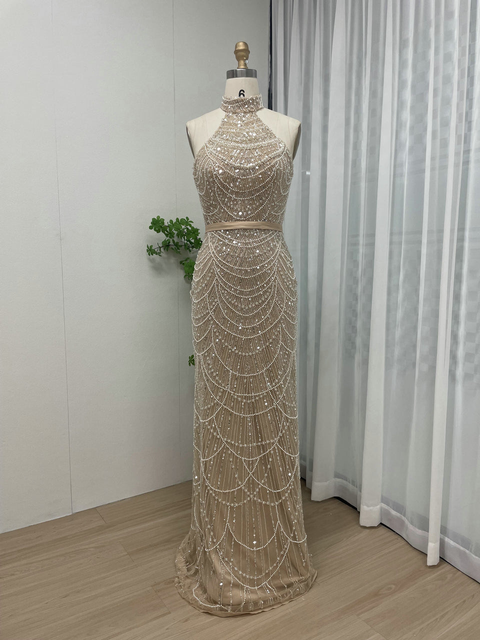 Exclusive High Neck Glove Sleeve Beading Evening Dress MB40059