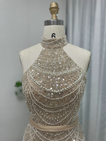 Exclusive High Neck Glove Sleeve Beading Evening Dress MB40059