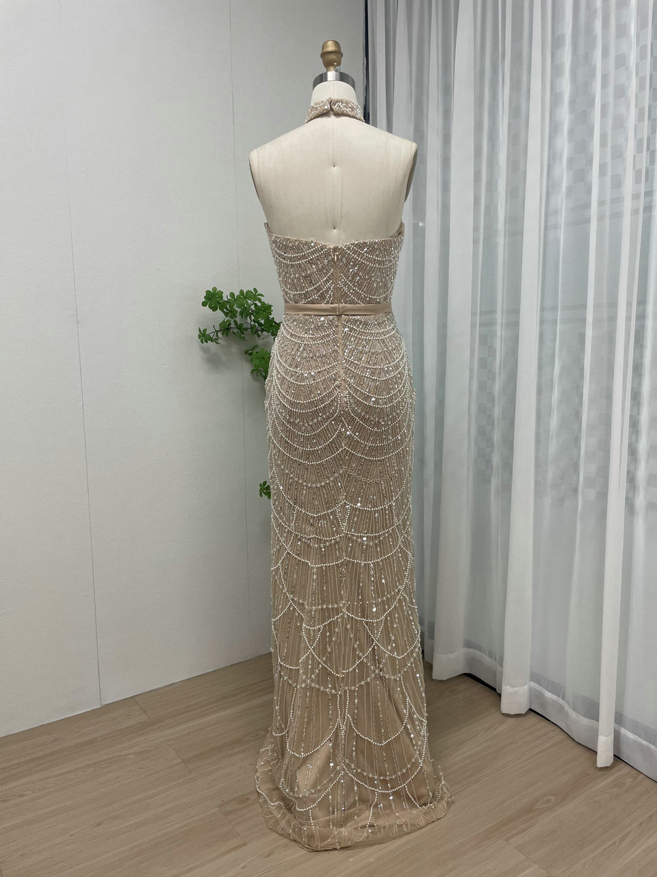 Exclusive High Neck Glove Sleeve Beading Evening Dress MB40059