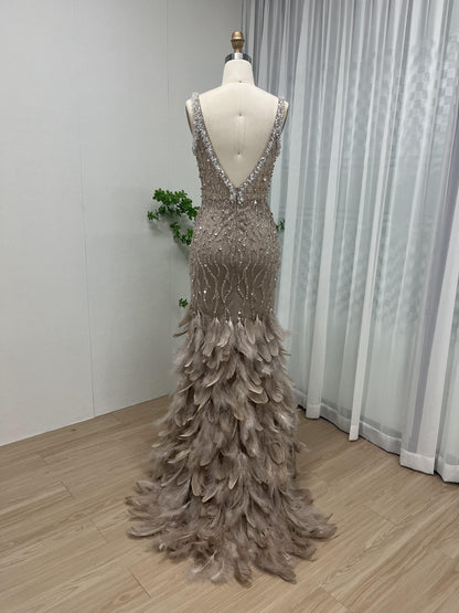 Luxury V Neckline Beading Feather Skirt Evening Dress MB40061