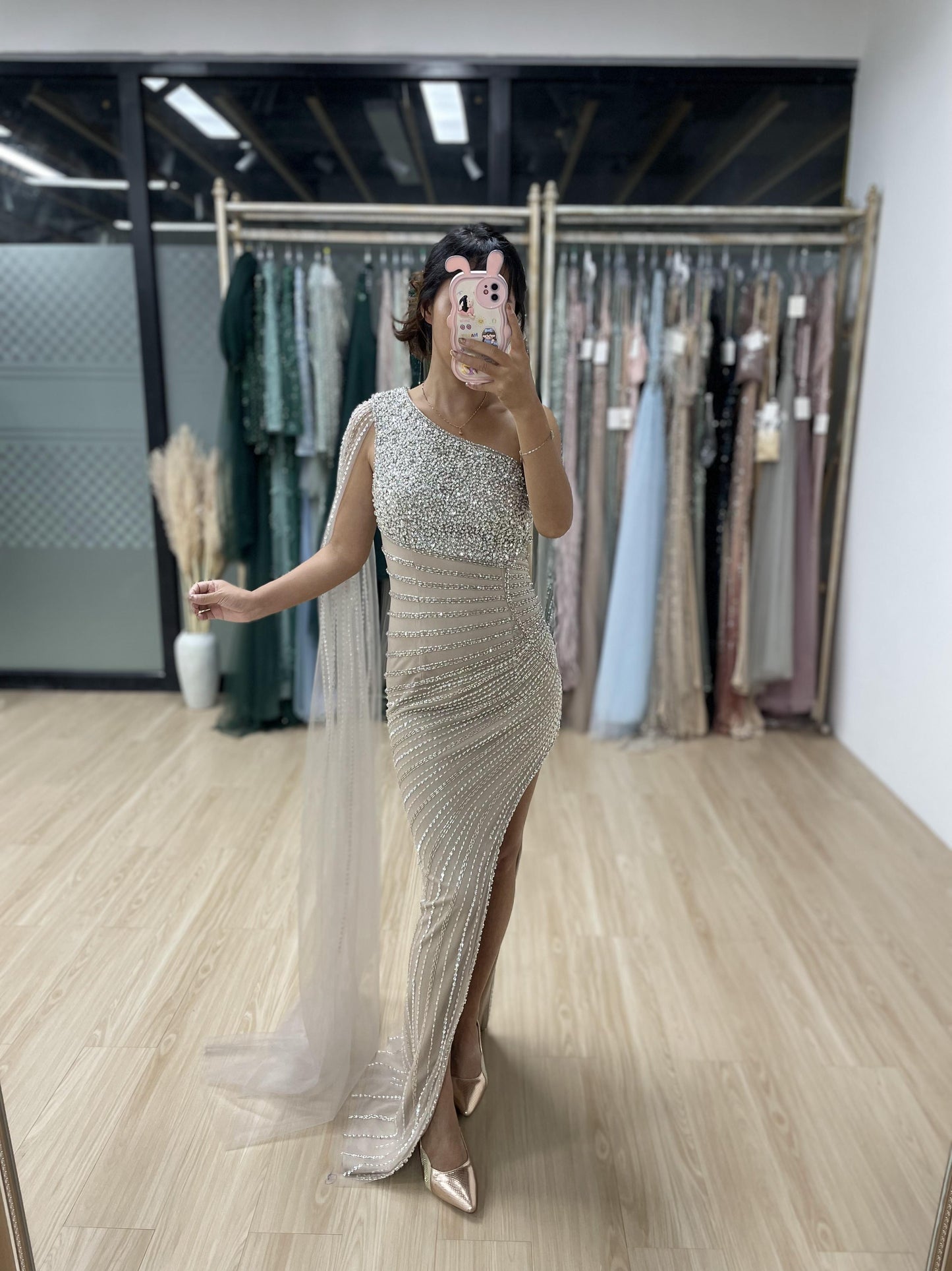 One Shoulder Handmade Beading High Split Evening Dress MB40062