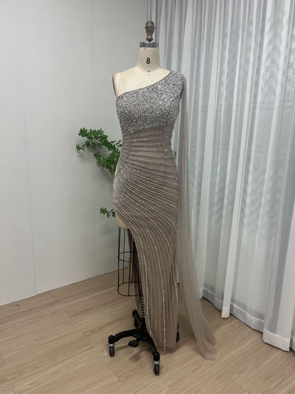 One Shoulder Handmade Beading High Split Evening Dress MB40062