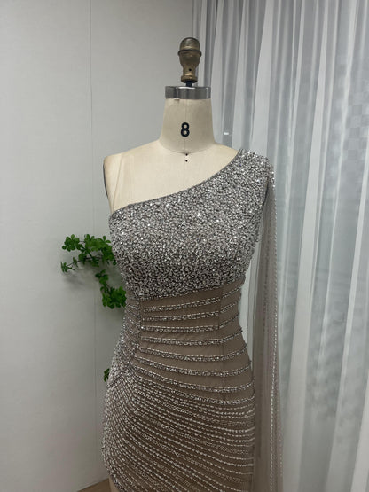 One Shoulder Handmade Beading High Split Evening Dress MB40062