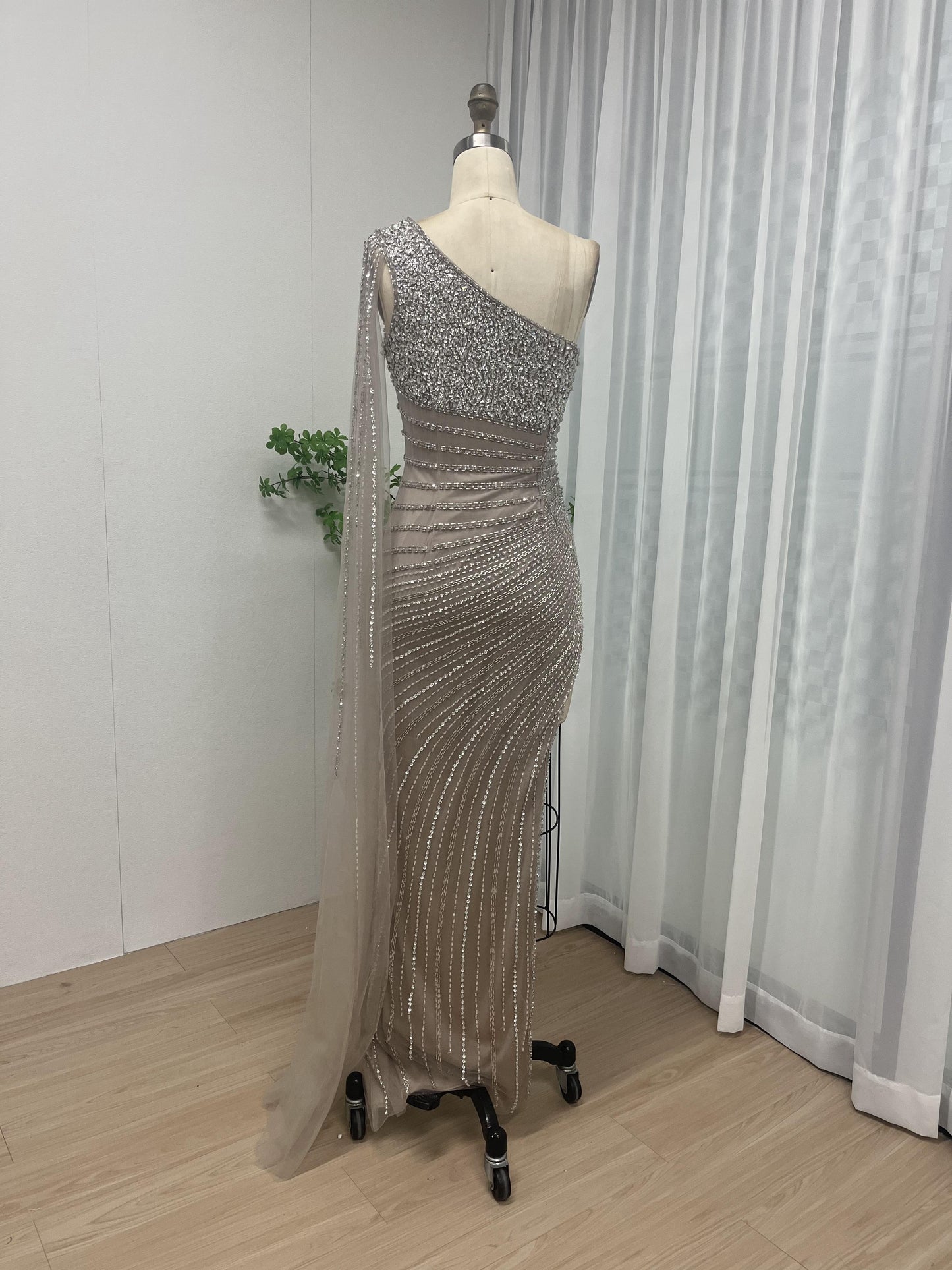 One Shoulder Handmade Beading High Split Evening Dress MB40062