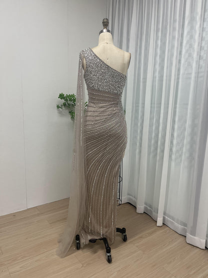 One Shoulder Handmade Beading High Split Evening Dress MB40062