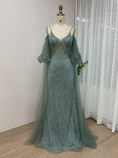 Elegant Handmade Beading Puffy Flowing Sleeve Evening Dress MB40066