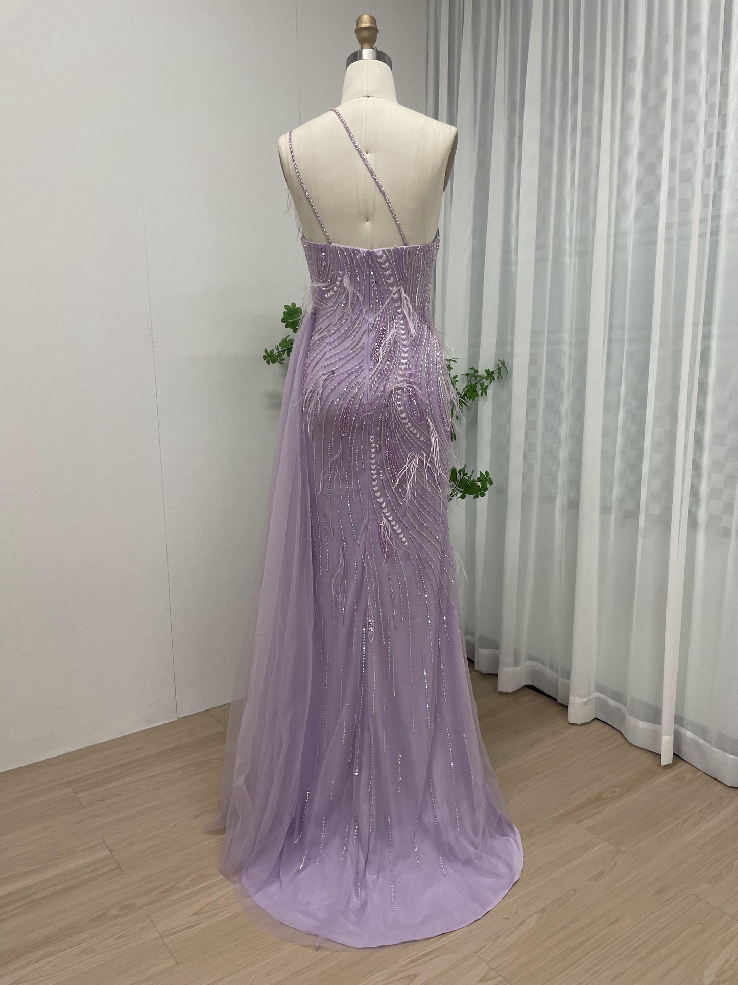 One Shoulder Beading Feather Evening Dress With Split MB40067