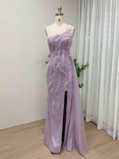 One Shoulder Beading Feather Evening Dress With Split MB40067