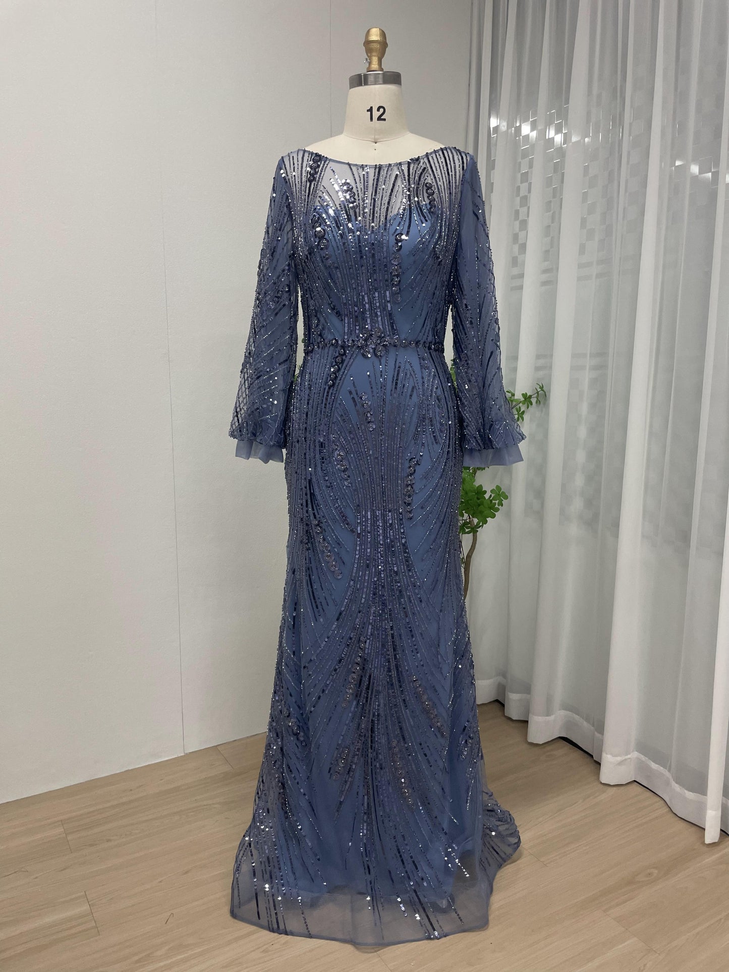 Round Neck Beading Lace Long Sleeve Evening Dress MB40069