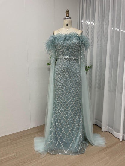 Off Shoulder Feather Cape Sleeve Evening Dress MB40076