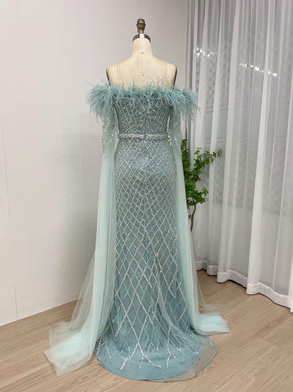 Off Shoulder Feather Cape Sleeve Evening Dress MB40076