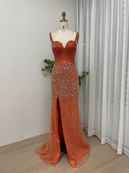 Spaghetti Strap Couture Beading High Split Evening Dress MB40079