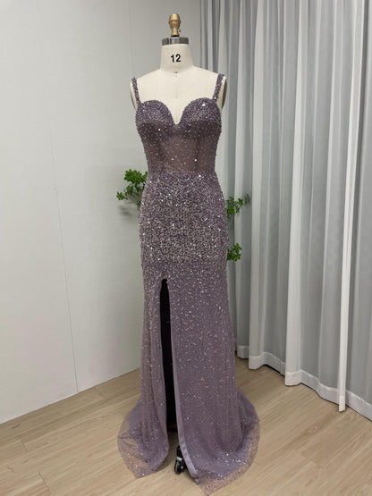 Spaghetti Strap Couture Beading High Split Evening Dress MB40079