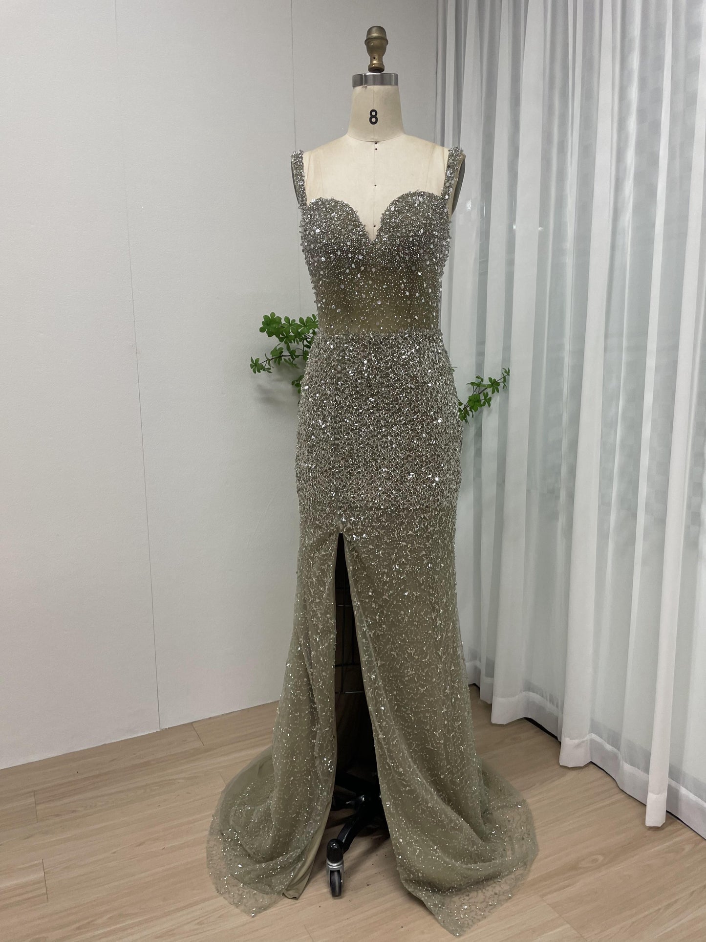 Spaghetti Strap Couture Beading High Split Evening Dress MB40079