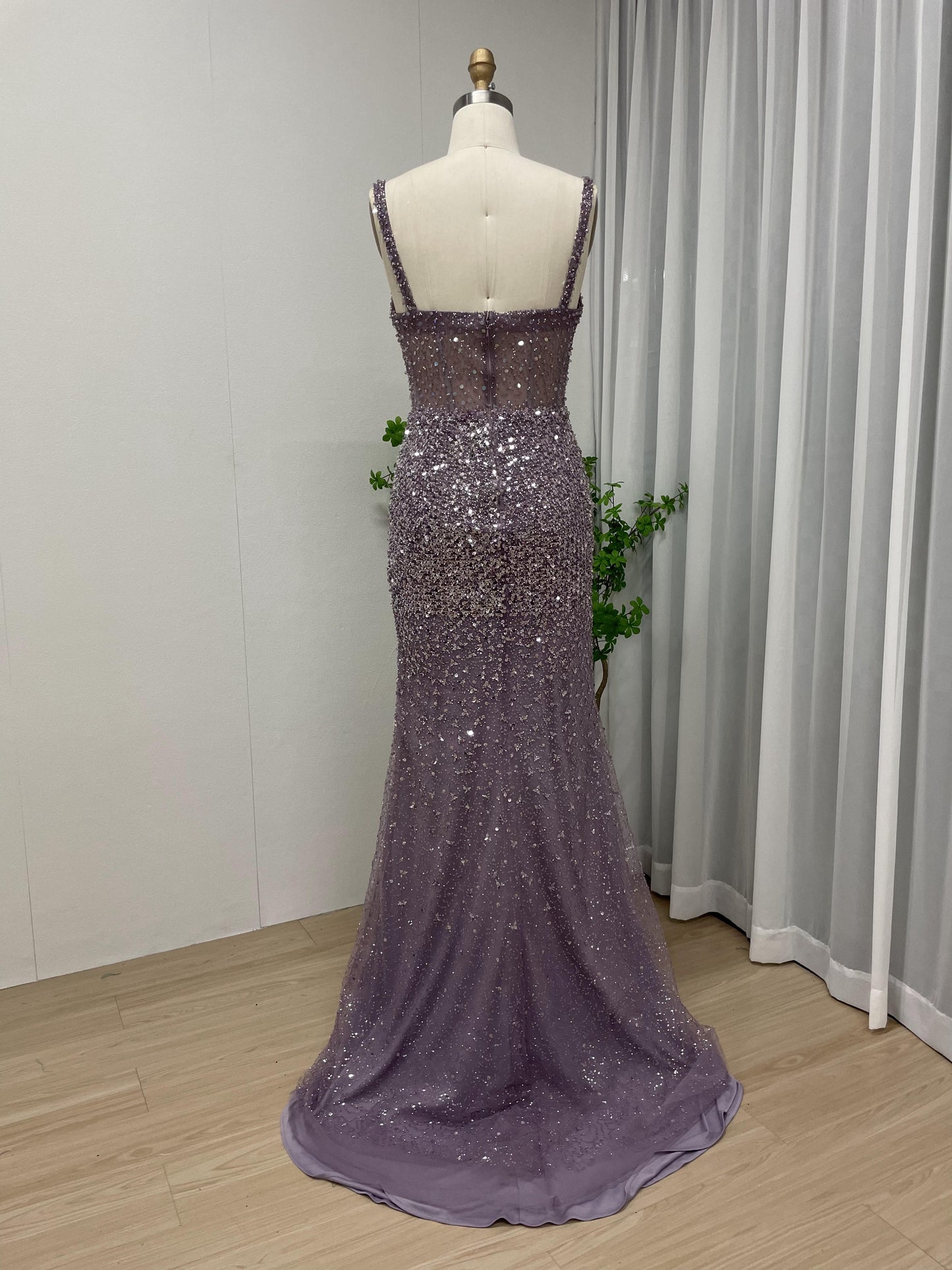 Spaghetti Strap Couture Beading High Split Evening Dress MB40079