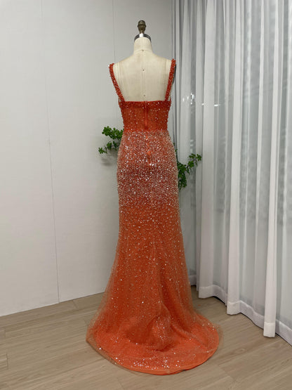 Spaghetti Strap Couture Beading High Split Evening Dress MB40079