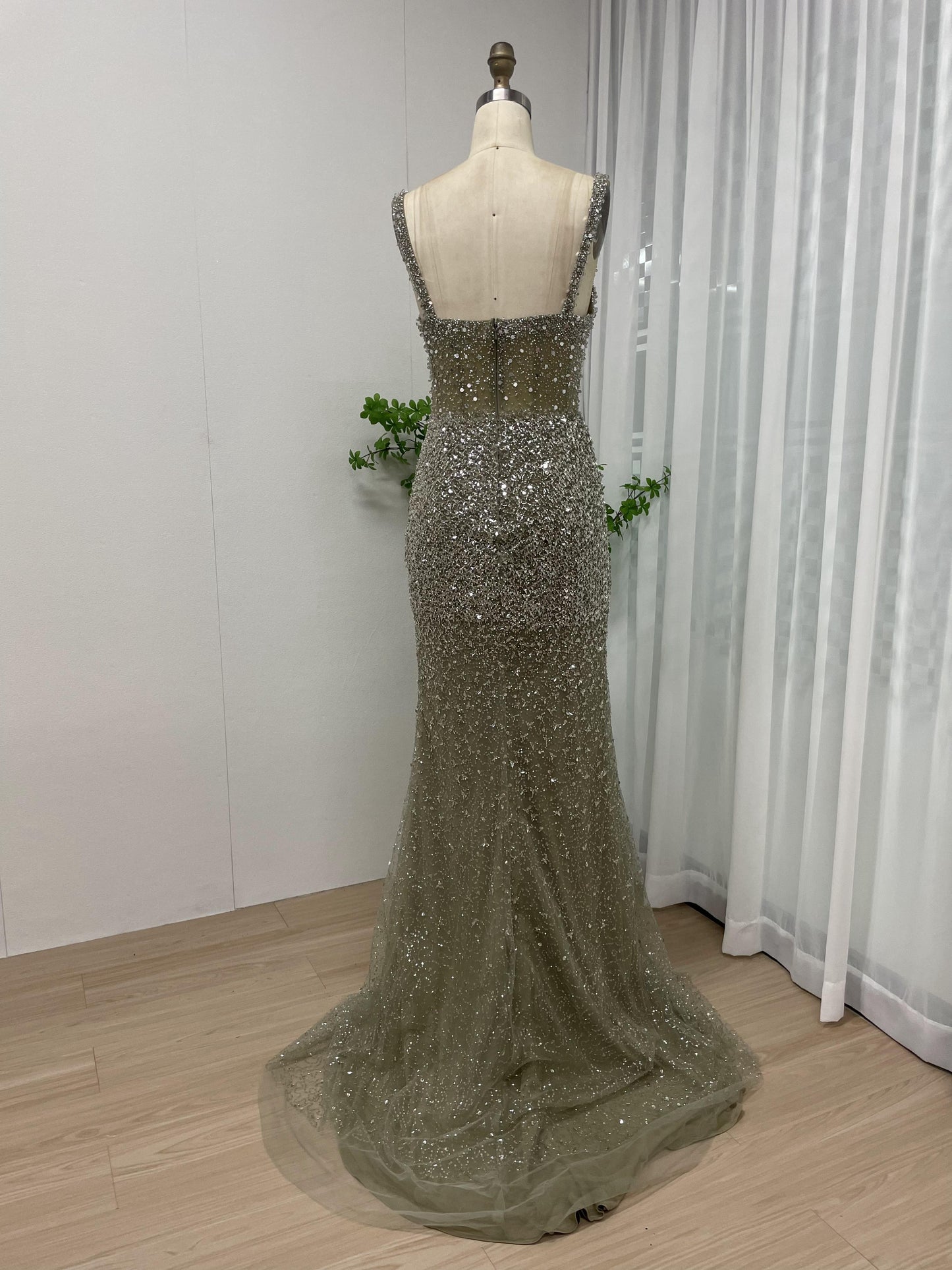 Spaghetti Strap Couture Beading High Split Evening Dress MB40079