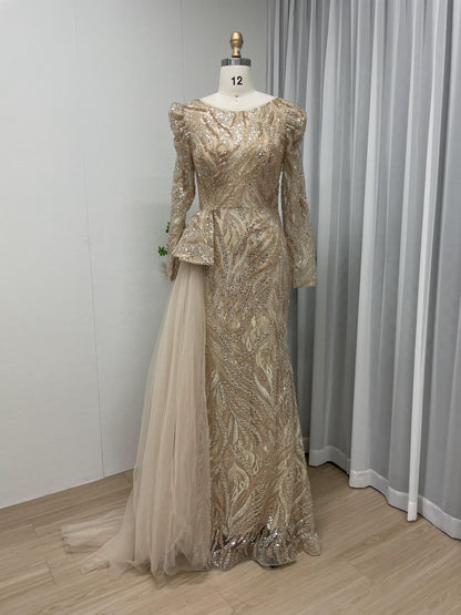 Magnificent Round Neck Beading Lace Long Sleeve Evening Dress MB40080