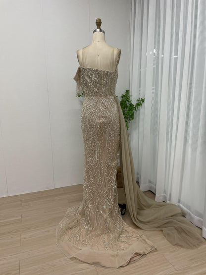 Dramatic Couture Beading Lace High Split Evening Dress MB40082