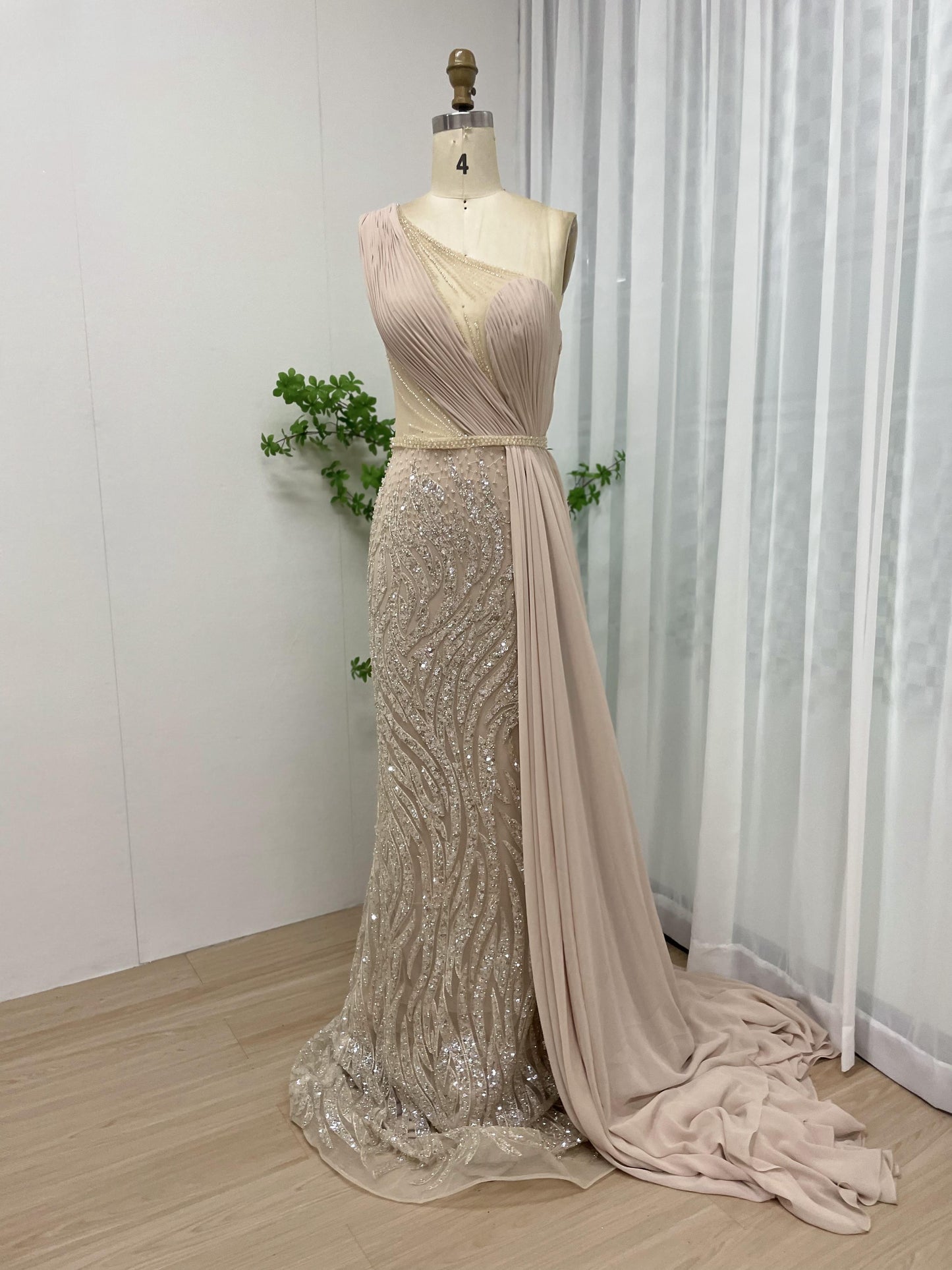 Elegant One Shoulder Beading Lace Chiffon Side-Skirt Evening Dress MB40084