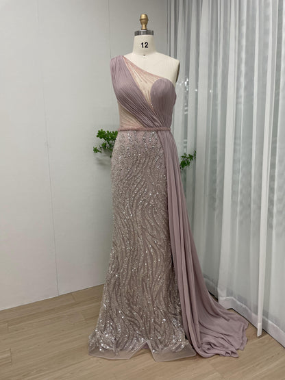 Elegant One Shoulder Beading Lace Chiffon Side-Skirt Evening Dress MB40084