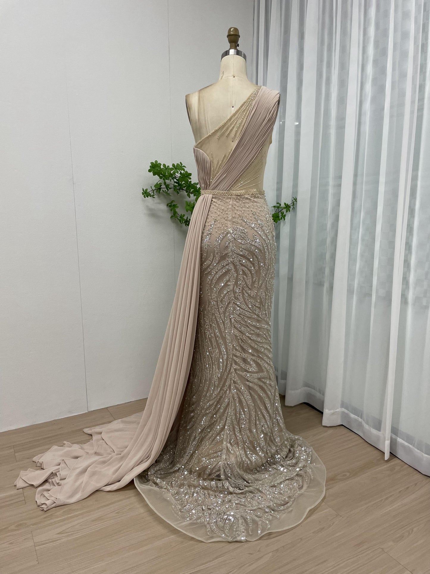 Elegant One Shoulder Beading Lace Chiffon Side-Skirt Evening Dress MB40084