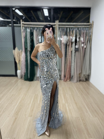 Sexy One Shoulder Open Back Silver Couture High Split Evening Prom Dress MB40087