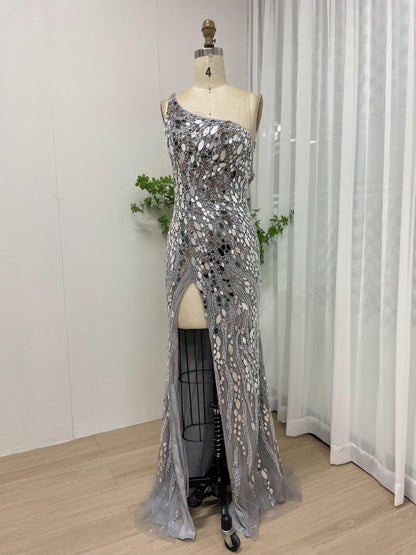 Sexy One Shoulder Open Back Silver Couture High Split Evening Prom Dress MB40087