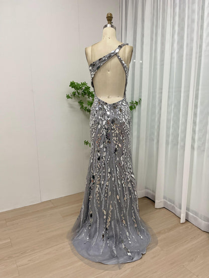 Sexy One Shoulder Open Back Silver Couture High Split Evening Prom Dress MB40087