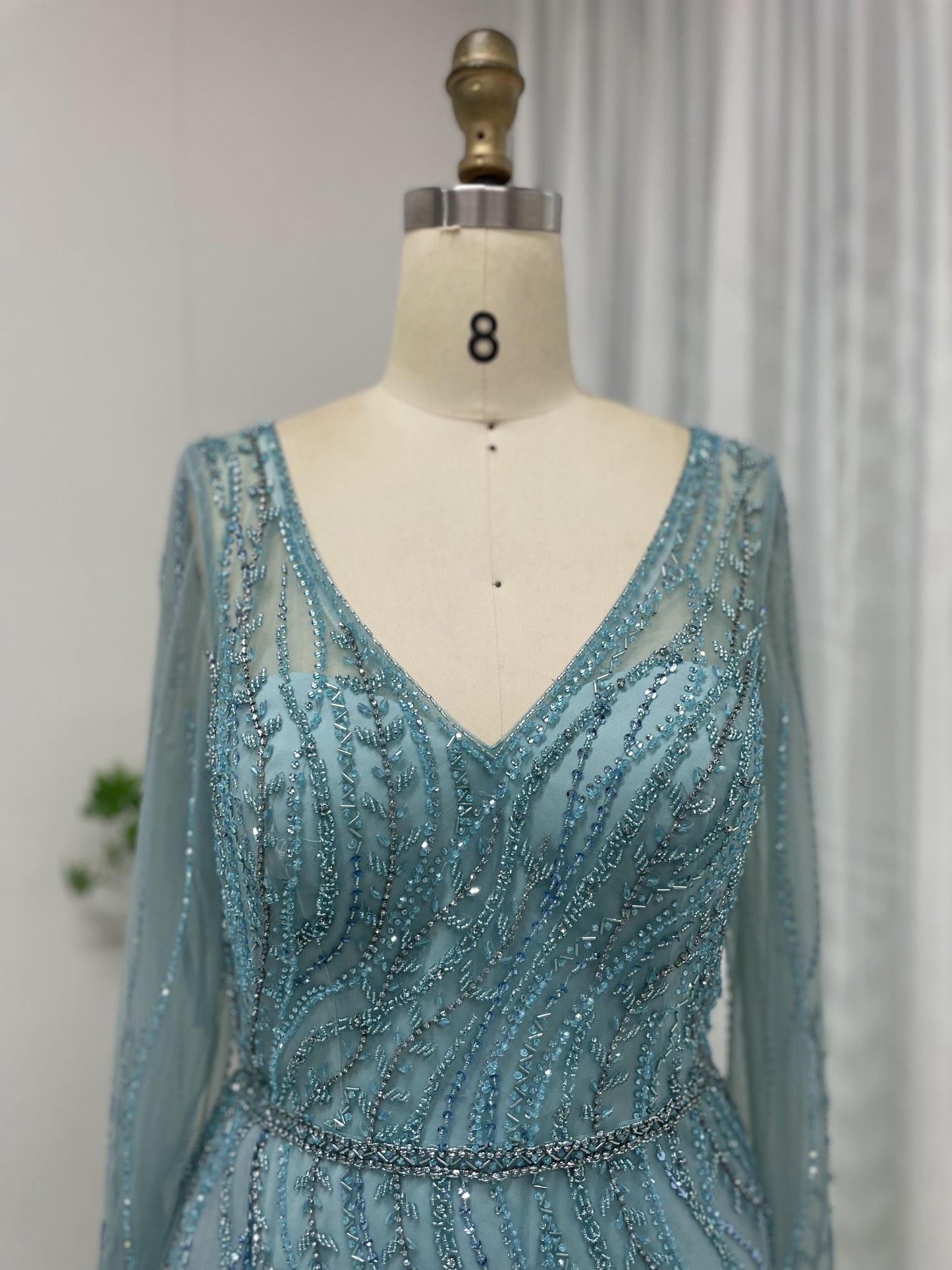 Haute Couture V Neck Handmade Beading Big Size Long Sleeve Evening Dress MB40088