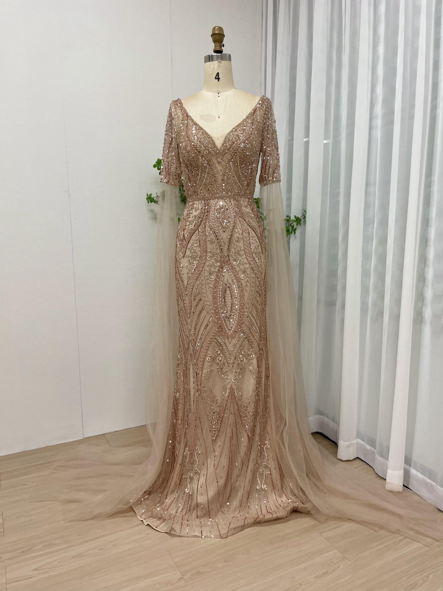 Gorgeous V Neckline Beading Lace Body Fitting Cape Long Sleeve Evening Dress MB40091