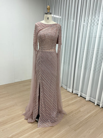 Luxury Cape Sleeve Fitted Strip Beading Lace Wedding Party Evening Dress MB40093