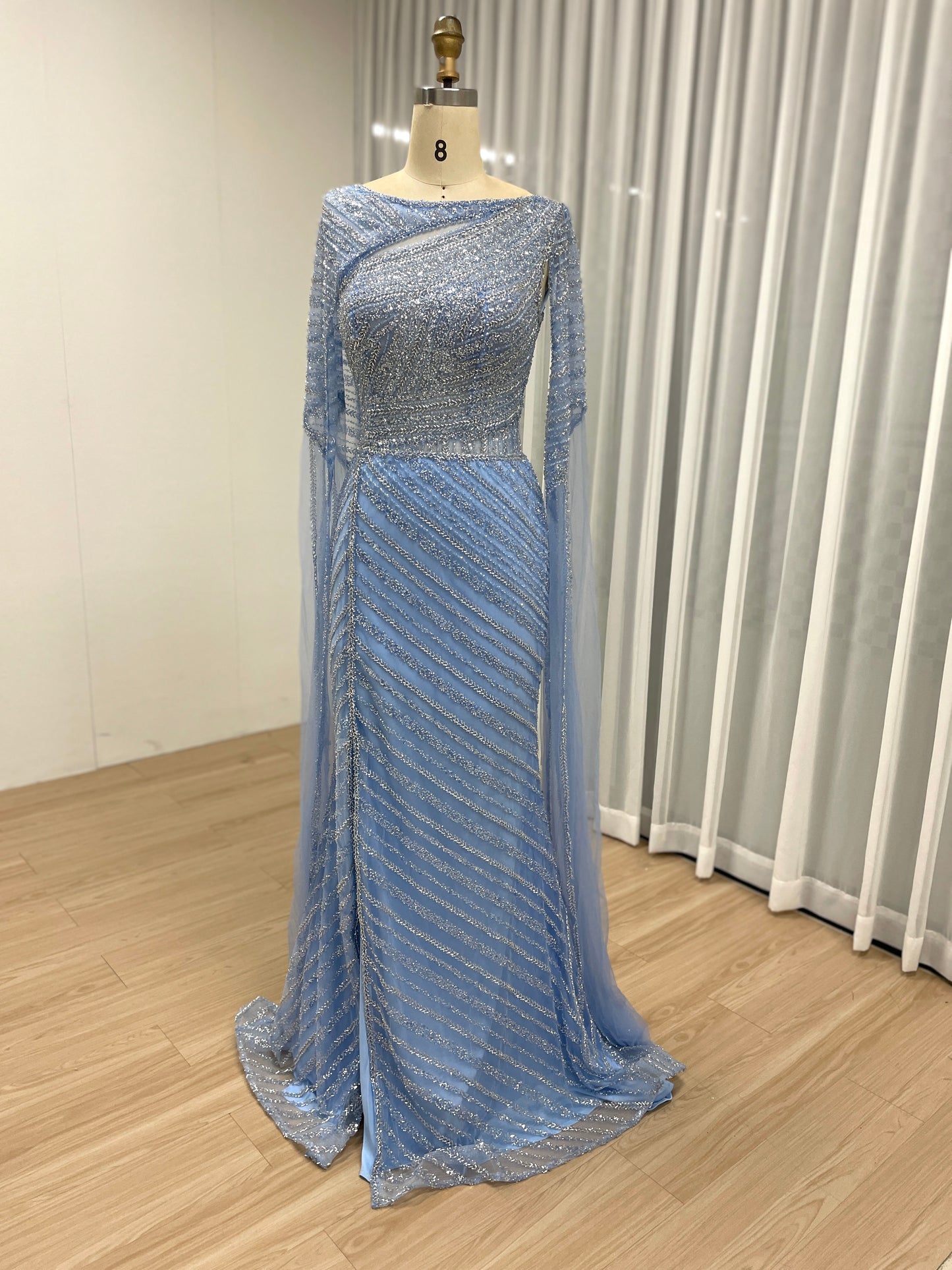 Luxury Cape Sleeve Fitted Strip Beading Lace Wedding Party Evening Dress MB40093