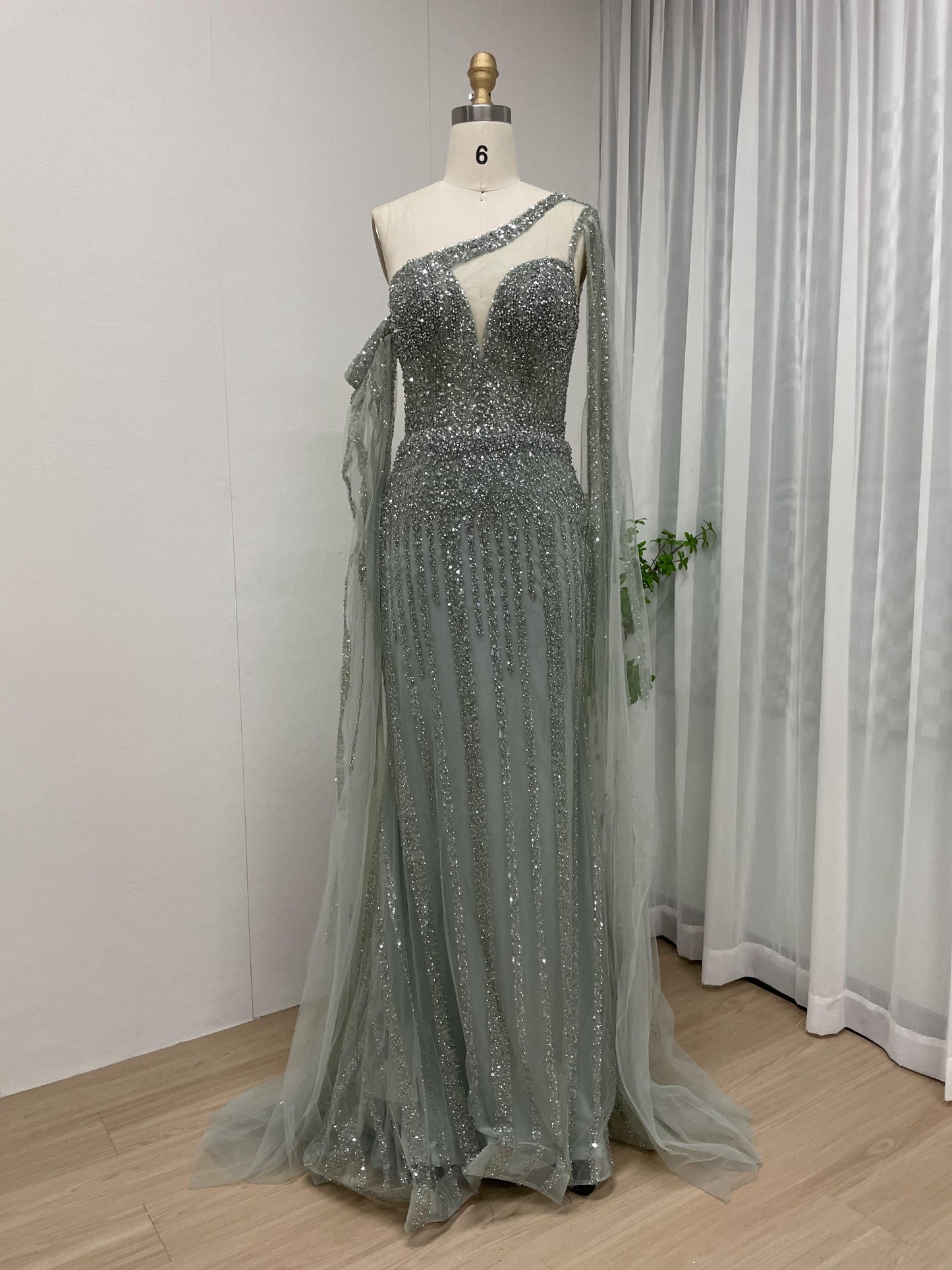 Exclusive Haute Couture One Shoulder Cape Sleeve Evening Dress MB40095