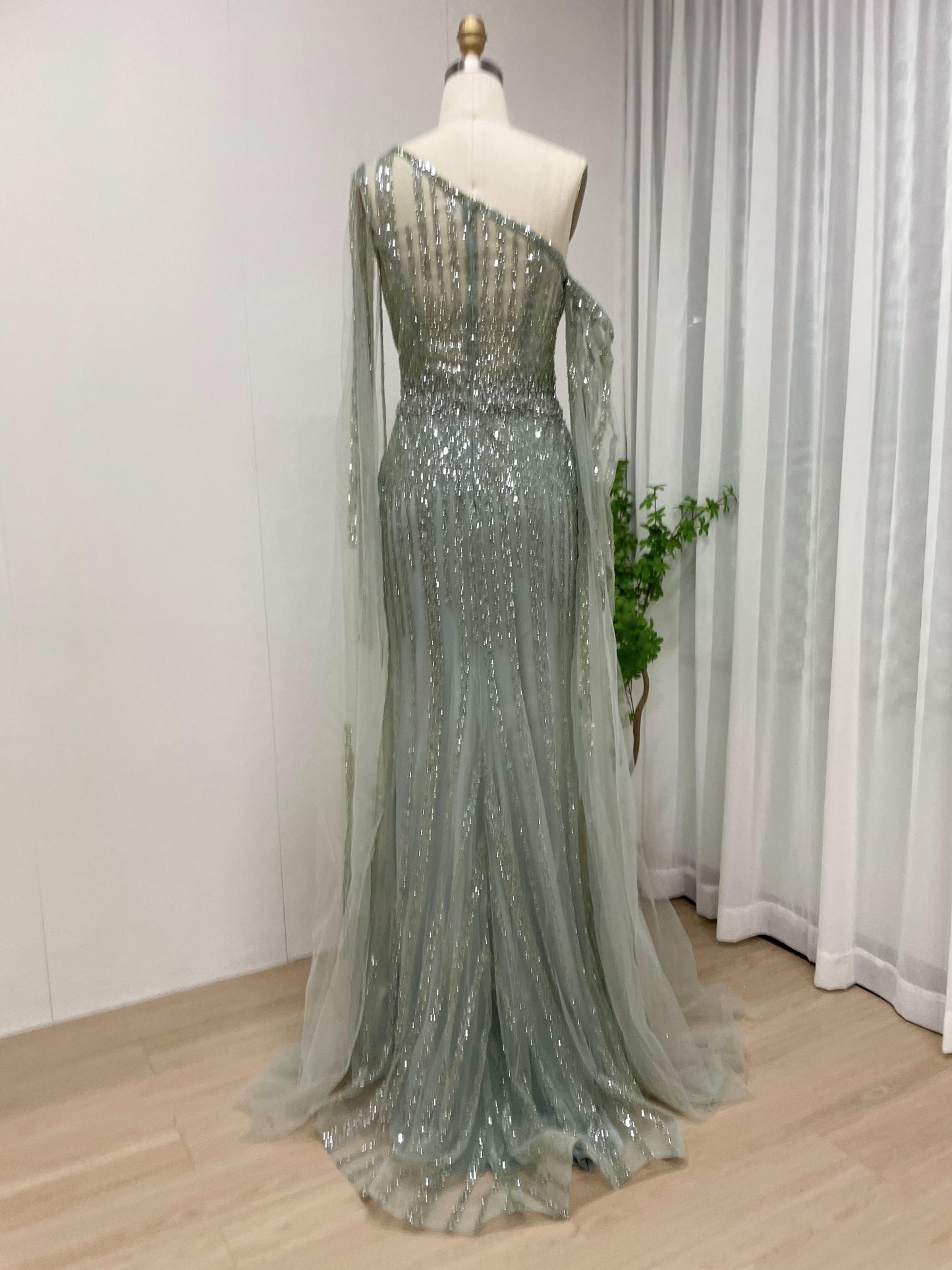 Exclusive Haute Couture One Shoulder Cape Sleeve Evening Dress MB40095