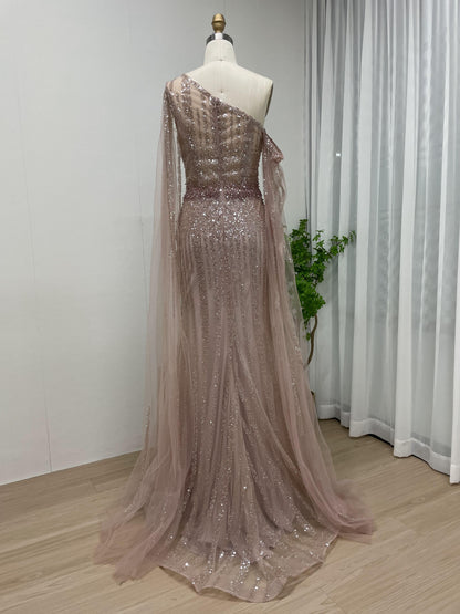 Exclusive Haute Couture One Shoulder Cape Sleeve Evening Dress MB40095