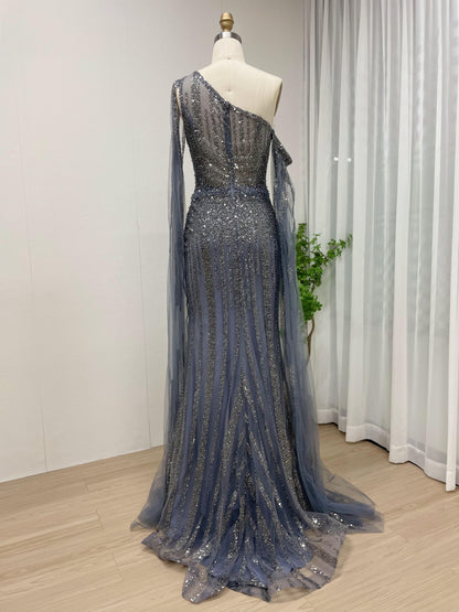 Exclusive Haute Couture One Shoulder Cape Sleeve Evening Dress MB40095