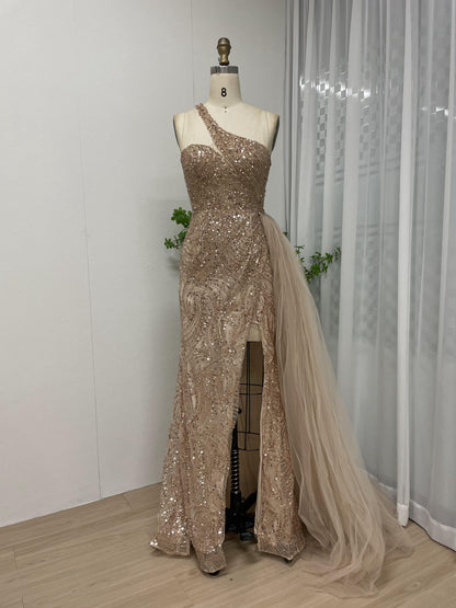 Alluring One Shoulder Handmade Beading Split Birthday Party Evening Dress MB40096