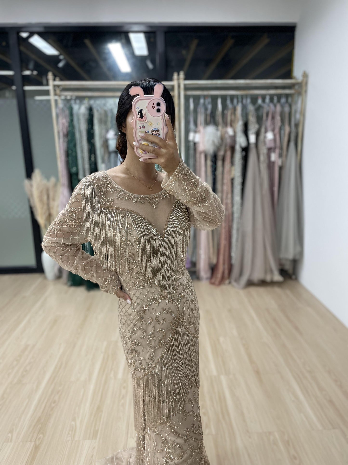 Magnificent Couture Handmade Beading Tassel Long Sleeve Gold Evening Dress MB40097