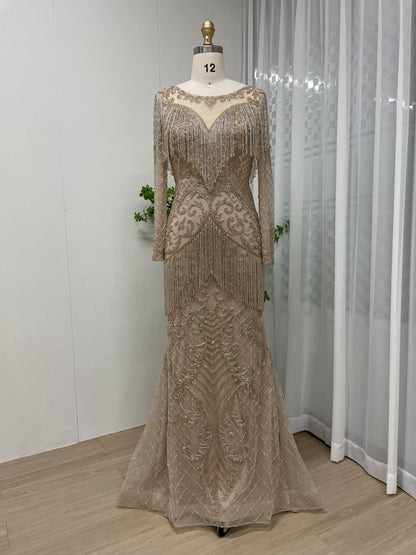 Magnificent Couture Handmade Beading Tassel Long Sleeve Gold Evening Dress MB40097