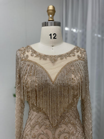 Magnificent Couture Handmade Beading Tassel Long Sleeve Gold Evening Dress MB40097