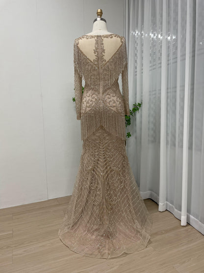 Magnificent Couture Handmade Beading Tassel Long Sleeve Gold Evening Dress MB40097