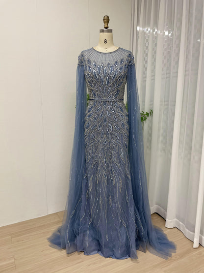 Graceful Couture Beading Body Straight Cape Sleeve Designer Evening Dress MB40098