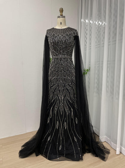 Graceful Couture Beading Body Straight Cape Sleeve Designer Evening Dress MB40098