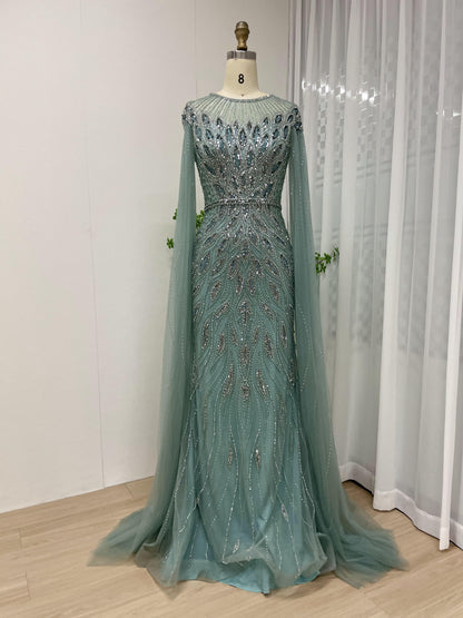 Graceful Couture Beading Body Straight Cape Sleeve Designer Evening Dress MB40098