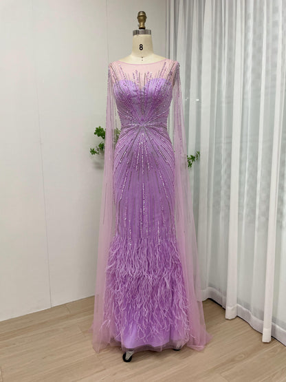 Stunning Sheer Beading Cape Sleeve Feather Skirt Evening Dress MB40099