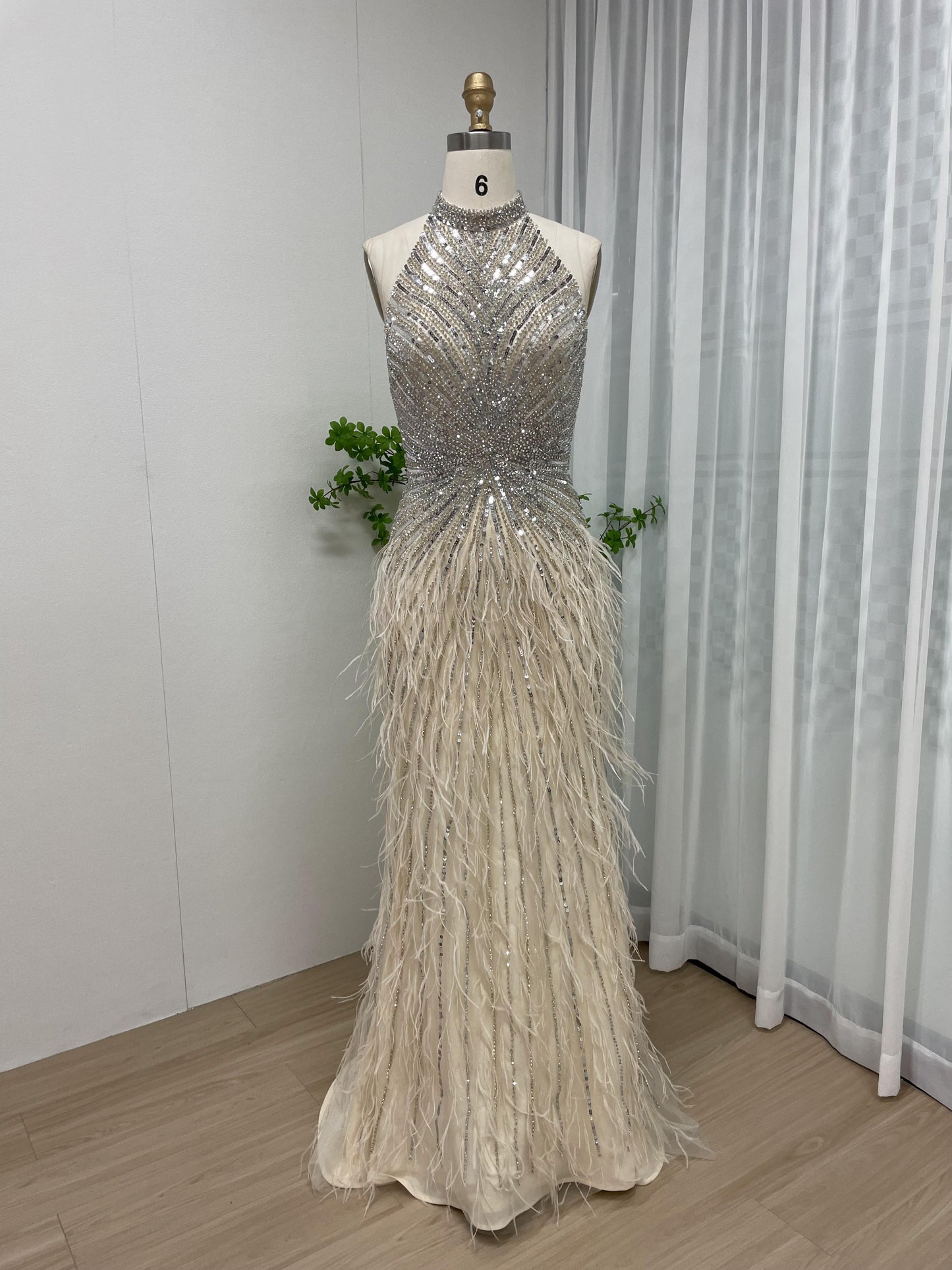 Halter Neck Backless Couture Beading Feather Party Wear Evening Dress MB40100