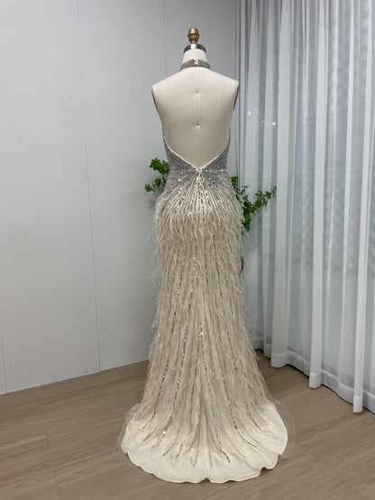 Halter Neck Backless Couture Beading Feather Party Wear Evening Dress MB40100